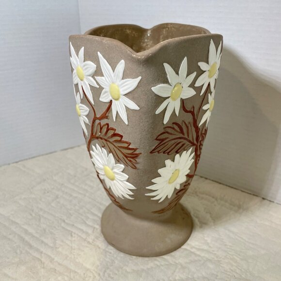 Handcrafted Ceramic Vase With Embossed White Daisies & Brown Leaves By A. Paquet - Picture 5 of 11